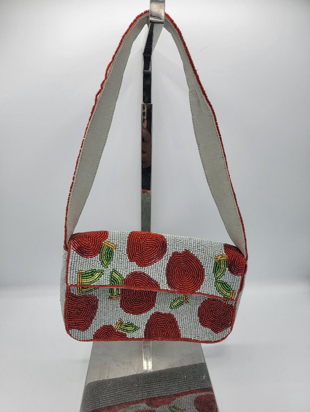 Anthropologie Red Beaded Floral Shoulder Bag with Green Accents